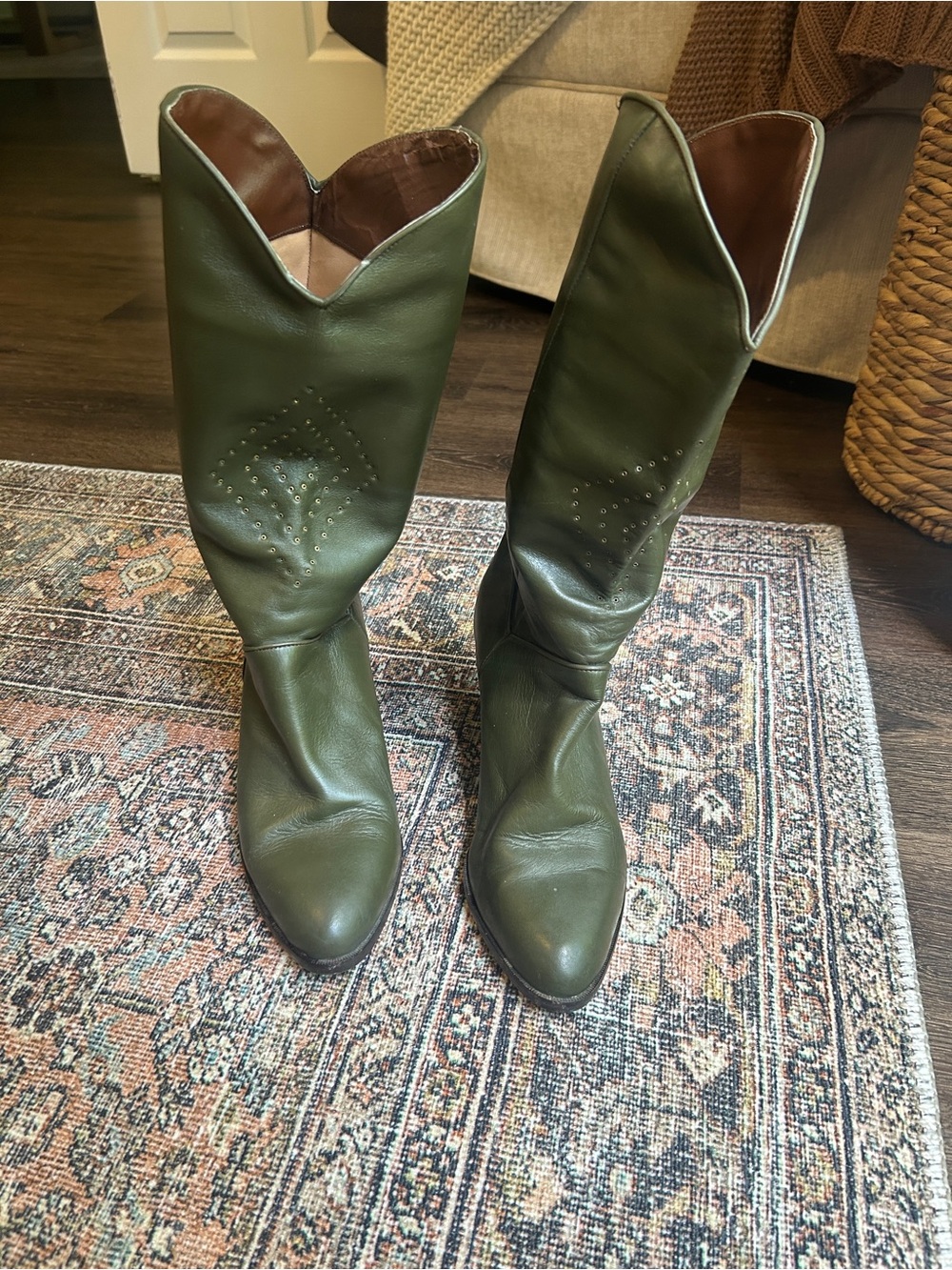 Manfield Olive Green Leather Mid-Calf Boots Made in Italy Size 41